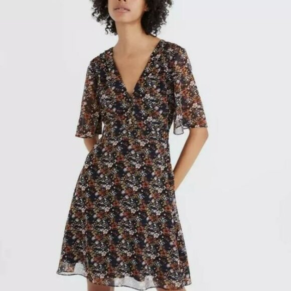 Madewell | Orchard Floral Flutter Sleeve Mini Dress | Navy, Brown, Size 14 - Picture 2 of 10